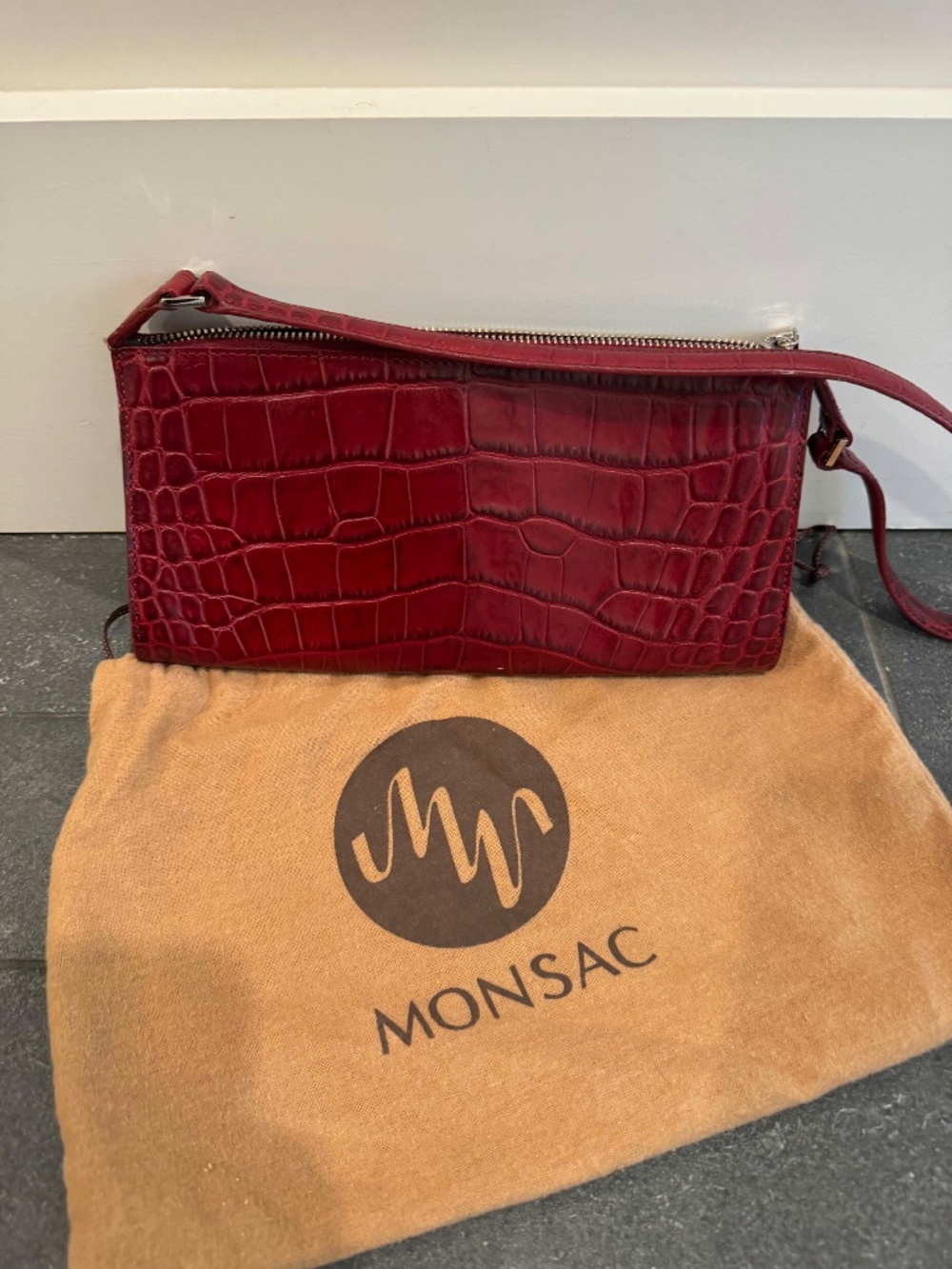 Vintage 90s Monsac Original Cherry Red Croc-Embossed Leather Shoulder Clutch